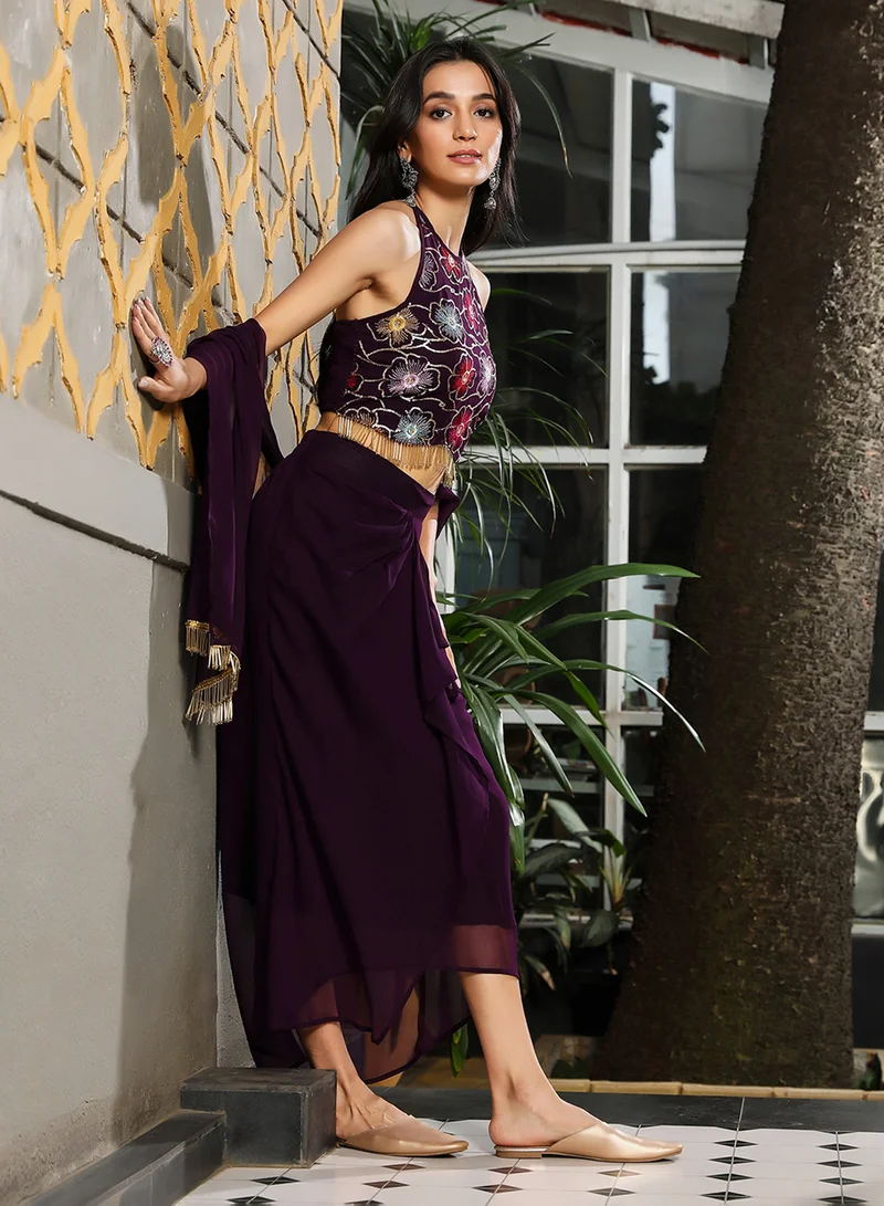 Qissa  Women's Plum Purple Periwinkle Co-Ord Set For Casual Wear | Halter Neck | Sleeveless | 3 Piece Co-Ords Designed With Comfort Fit For Everyday Ethnic Wear for Women | Best Price UAE